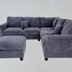 New 3pc Sectional And Ottoman In Dark grey Corduroy 