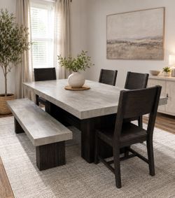MODERN CONCRETE DINING TABLE SET – TABLE, BENCH & 4 CHAIRS