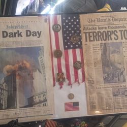 2. 9/11 Memorial Framed Display (Newspapers + Flag + Medals)
Title: Framed 9/11 Memorial
