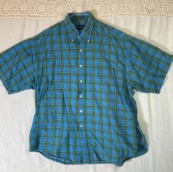 Gant Vineyard Linen Mens XL Plaid Short Sleeve Button Down Shirt Blue Green