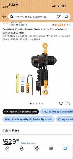CAMMOO 2200lbs Electric Chain Hoist, 492ft Wireless & 20ft Wired Control 20ft Lifting Height, Brushless Copper Motor, DT Carburized Chain, IP65 for Wa