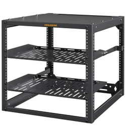 Perlegear 10U Open Frame Network Rack, Server Rack Wall Mounted or Floor Standing, Heavy-Duty 4 Post Data Rack with 2 1U Vented Shelves #2572EY2