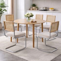 Set of 4 - Retro Cane Back Chrome Framed Dining Chairs w/ Beige Velvet Cushions [NEW] **Retails for $300  <Assembly Req'd> [CHAIRS ONLY ]