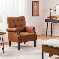 Mid-century Modern Faux Leather Accent Chair Armchair with Tufted High Back, Roll Arms, Solid Wood Legs for Living Room Bedroom, Retro brown