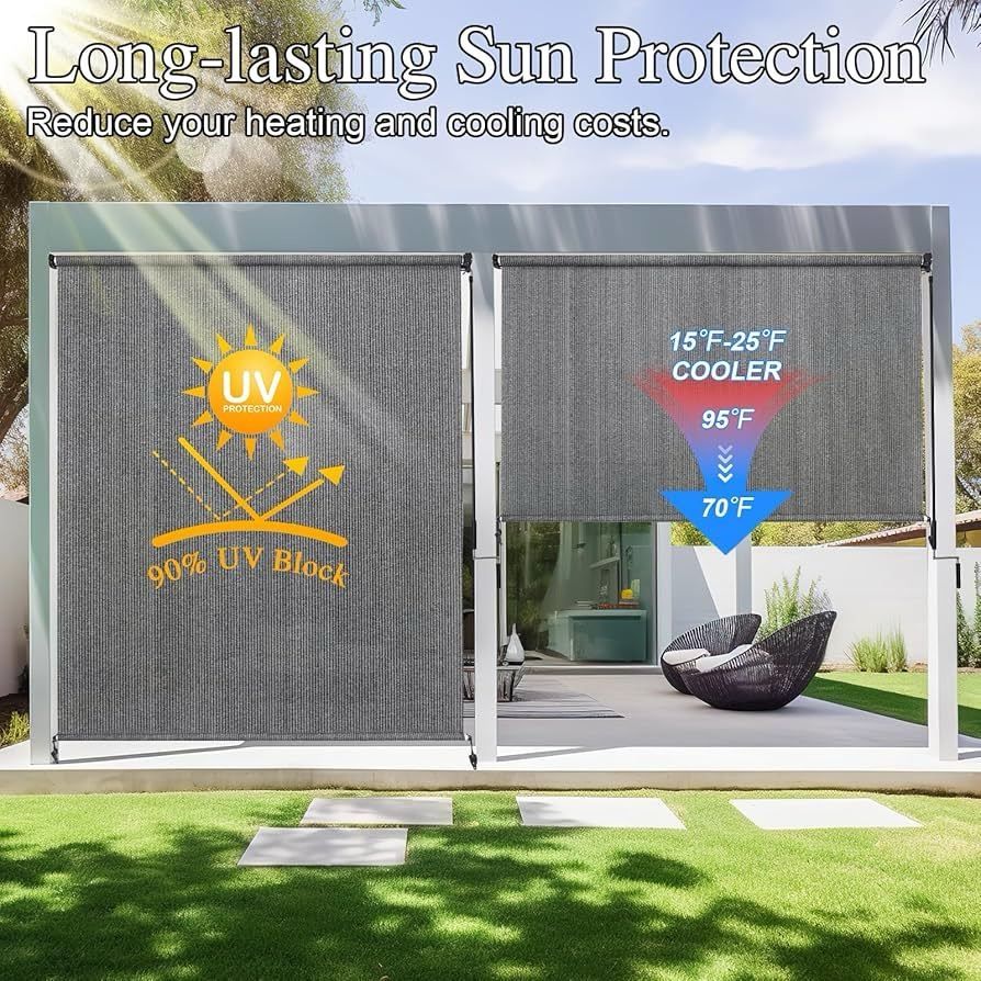 Outdoor Roller Shade 8'(W) X 6'(H), Exterior Cordless Patio Shades Roll Up Outdoor Blinds with 90% UV Protection, Two-Section Poles with One-Piece Fab