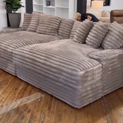 Brand New Fluff Monster Double Chaise Corduroy Sectional Sofa Lounger 