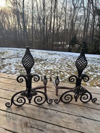 Pair of Vintage Andirons Hand Hammered Wrought Iron Spiral Finials