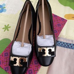 Tory Burch GIGI 20MM ROUND TOE FLAT-CALF LEATHER/ SILK SUEDE Size:5