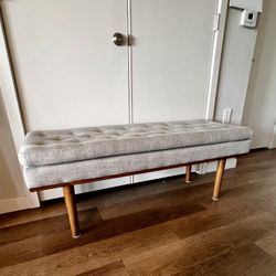 Mid Century Modern Greyish Fabric Upholstered Walnut Finished Bench