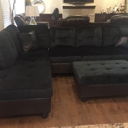 Black Microfiber Sectional Couch And Ottoman