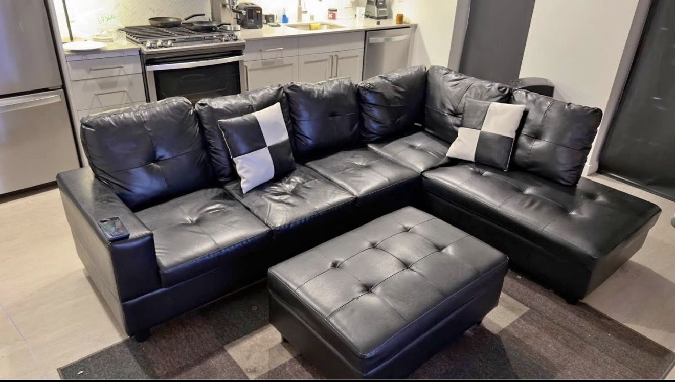 L-Shape Faux Leather Sectional Sofa Couch Set with Chaise, Ottoman, 2 Toss Pillows (Black, 34" W x 103" D 72" H)