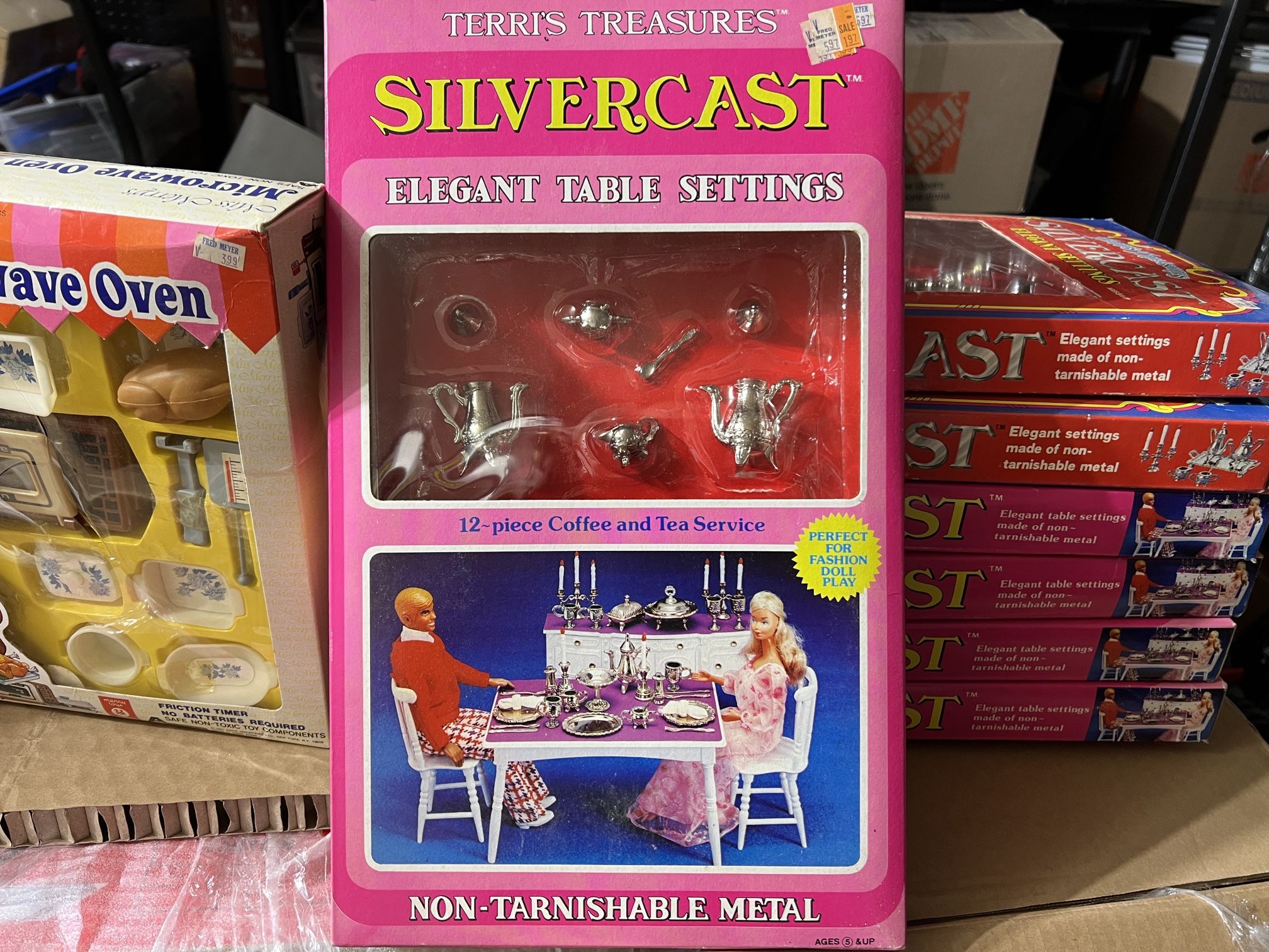 Vintage Doll house table settings Silvercast and microwave sets. original packaging. New old stock.