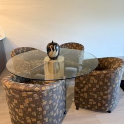 Vintage Glass Dining Table w/ Stone Pedestal + 4 Barrel Chairs