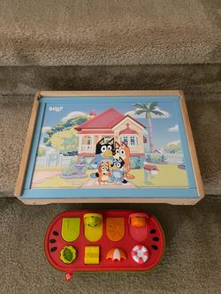 Bluey Wooden Activity Table and Fisher-Price Toy