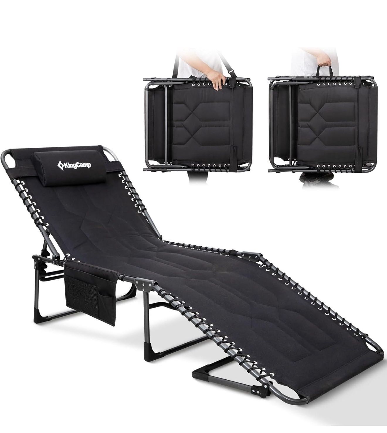 Oversized Lounge Chair, Folding Portable Adjustable 5-Position Tanning Chairs 400lbs Heavy Duty Padded Recliner with Side Pocket Pillow for Outdoor Pa