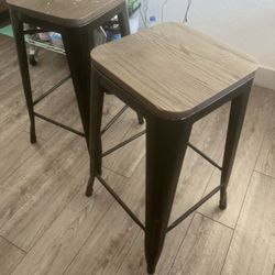 Bar Stools High Chairs - Wood Black Metal Pair