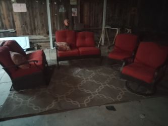 NEED ONE TODAY FOR MOVING SALE TO BEST OFFER 6-PIECE PATIO FURNITURE SET WITH LOVESEAT ROCKING CHAIRS SWIVEL CHAIRS AND COFFEE TABLE AND OUTDOOR RUG