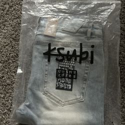 KSUBI Men's Light Blue Denim Jeans Logo Embroidered Distressed Skinny 5-Pocket