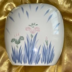 Vintage Otagiri Porcelain Flat Vase Blue Leaves Pink Iris Flower Hand Painted  