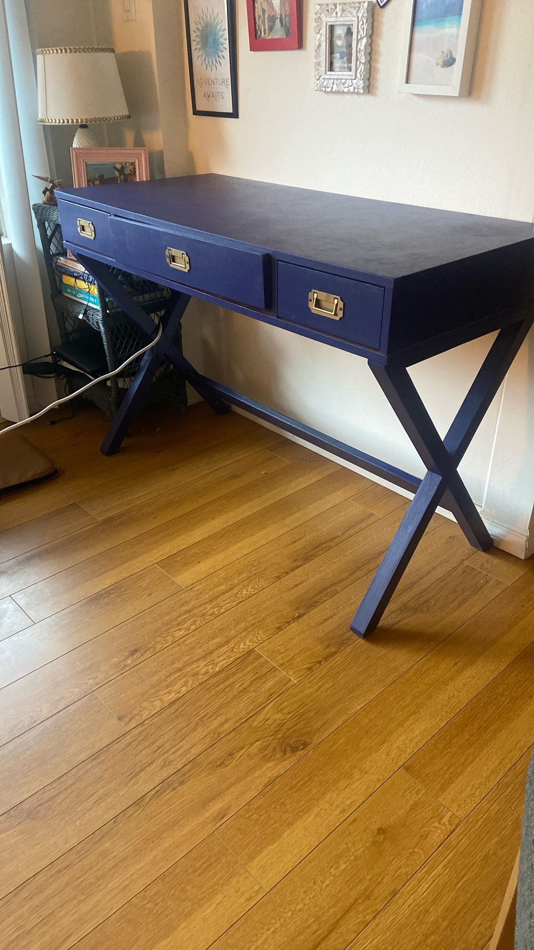 Desk/ Console Table- Blue with Gold Fixtures