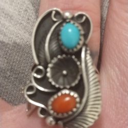 Navajo Turquoise And Coral Ring