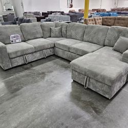 Brand  New Large Sectional With Pull Out Bed, Storage & USB OUTLET Corduroy Fabric $899