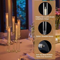 New -5 Arms Clear Candelabra, Acrylic Taper Candle Holders Centerpieces with Shades for Valentine's Day, Wedding Party Table Decoration
