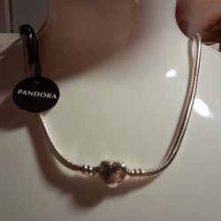 PANDORA MOMENTS AUTHENTIC BRAND NEW STERLING SILVER SOLID 2 SIDED HEART SNAKE CHAIN NECKLESS 17.7 INCH