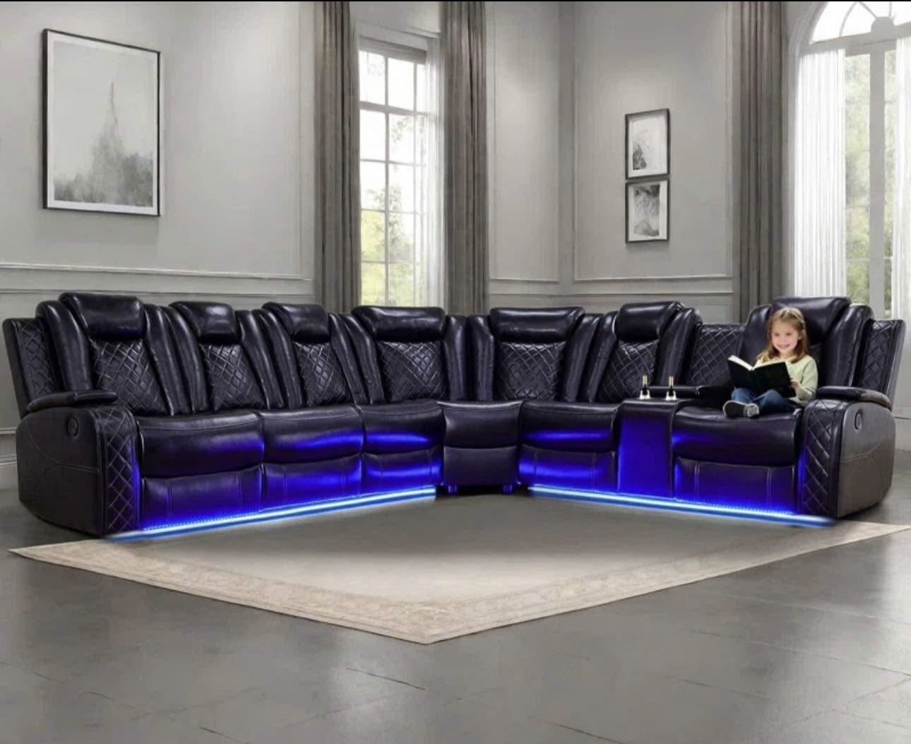 Power Electric Black Leather Fully Reclining Sectional Couch