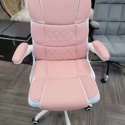 Ergonomic Office Chair Pink PU Leather Desk Chairs Computer Chair with Wheels and Flip-up Arms,Rolling Swivel Task Chair for Women,Girls