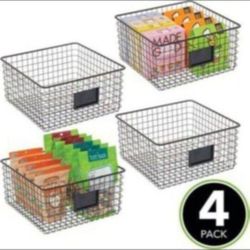 mDesign Square Steel Storage Organizer Bin Baskets with Label Slot for Kitchen Pantry, Cabinet, Cupboard, Organizing Holder for Foo