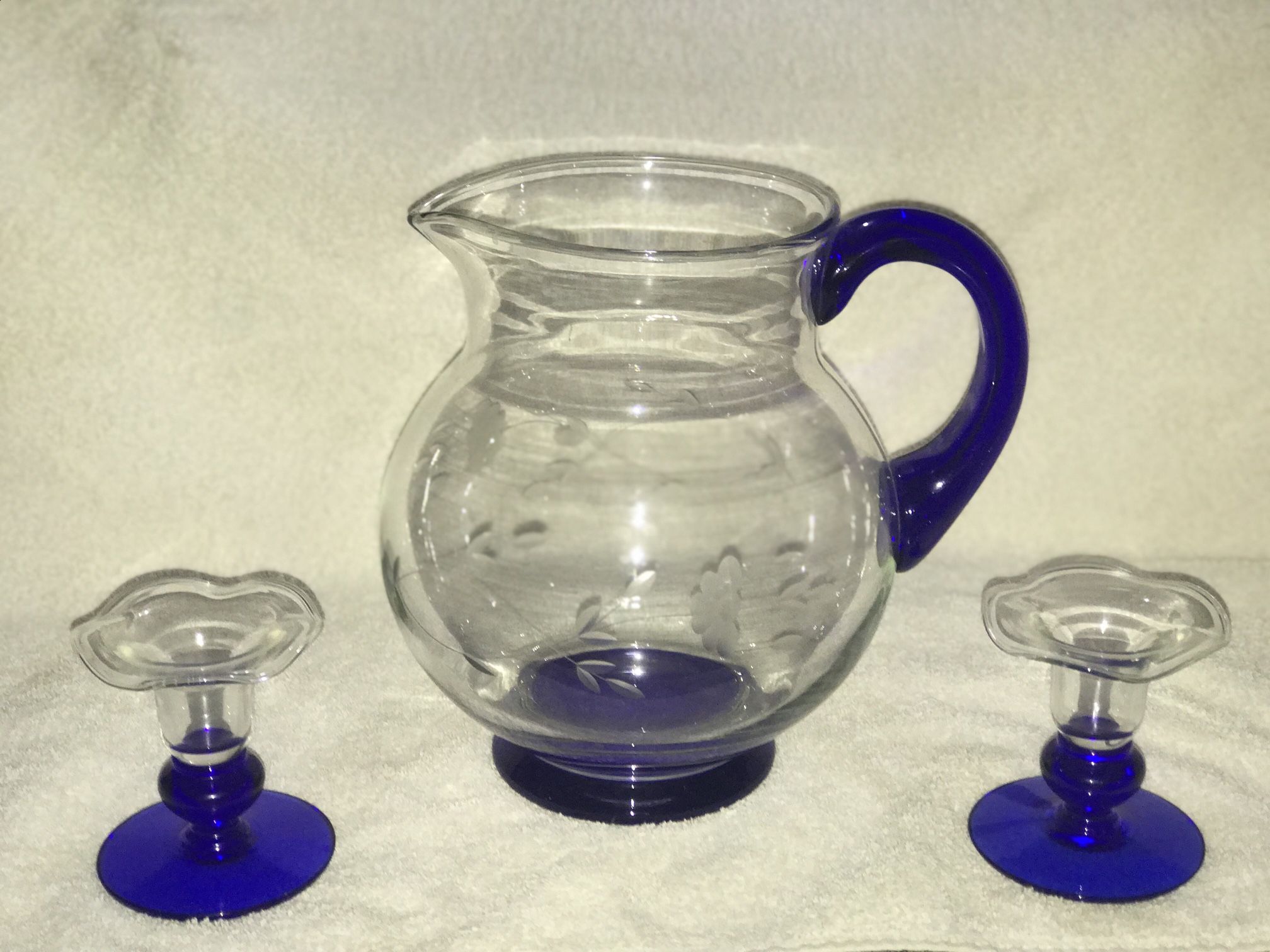 Princess House Cobalt Blue And Clear  Glass Pitcher And Candle Holders