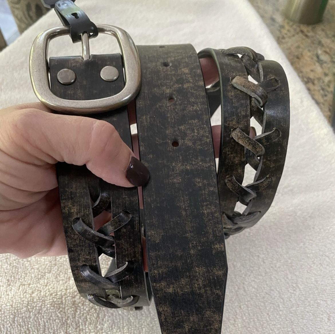 Vintage Black and Brown Distressed Distressing Cross Stitch Chunky Leather Belt