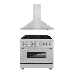 ZLINE 36 IN. KITCHEN PACKAGE WITH SATIN STAINLESS STEEL DUAL FUEL RANGE AND CONVERTIBLE VENT RANGE HOOD