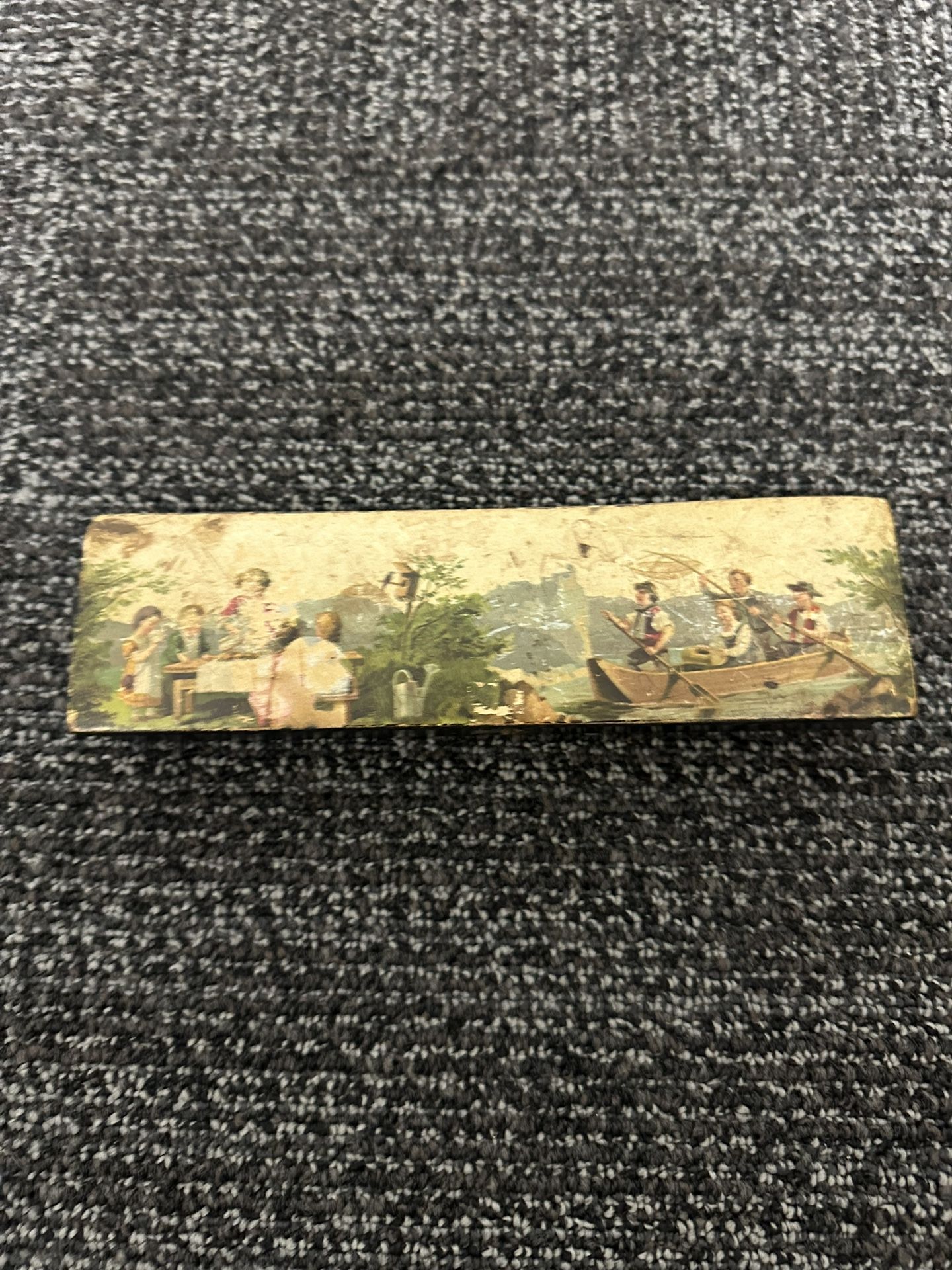 Antique ENAMELED PEN-PENCIL-ARTIST'S WOOD BOX Litho Lid w/ KIDS IN NATURE MOTIF