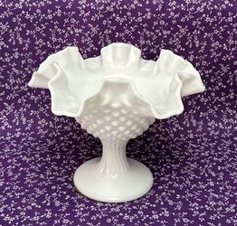 Vintage Fenton white milk glass footed compote ruffled crimped candy dish bowl