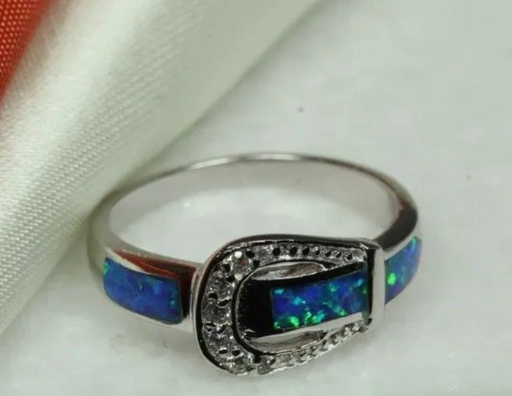 Opal Western Buckle Sterling Silver Ring Size 8