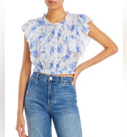 Discontinued Love Shack Fancy Nora Floral Blue and White Button Up Crop Top XS