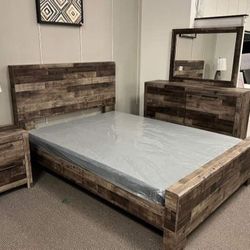 Derekson Multi Gray Panel Bedroom Set Queen Or King Set Bed, Dresser, Mirror, Nightstand, Chest 