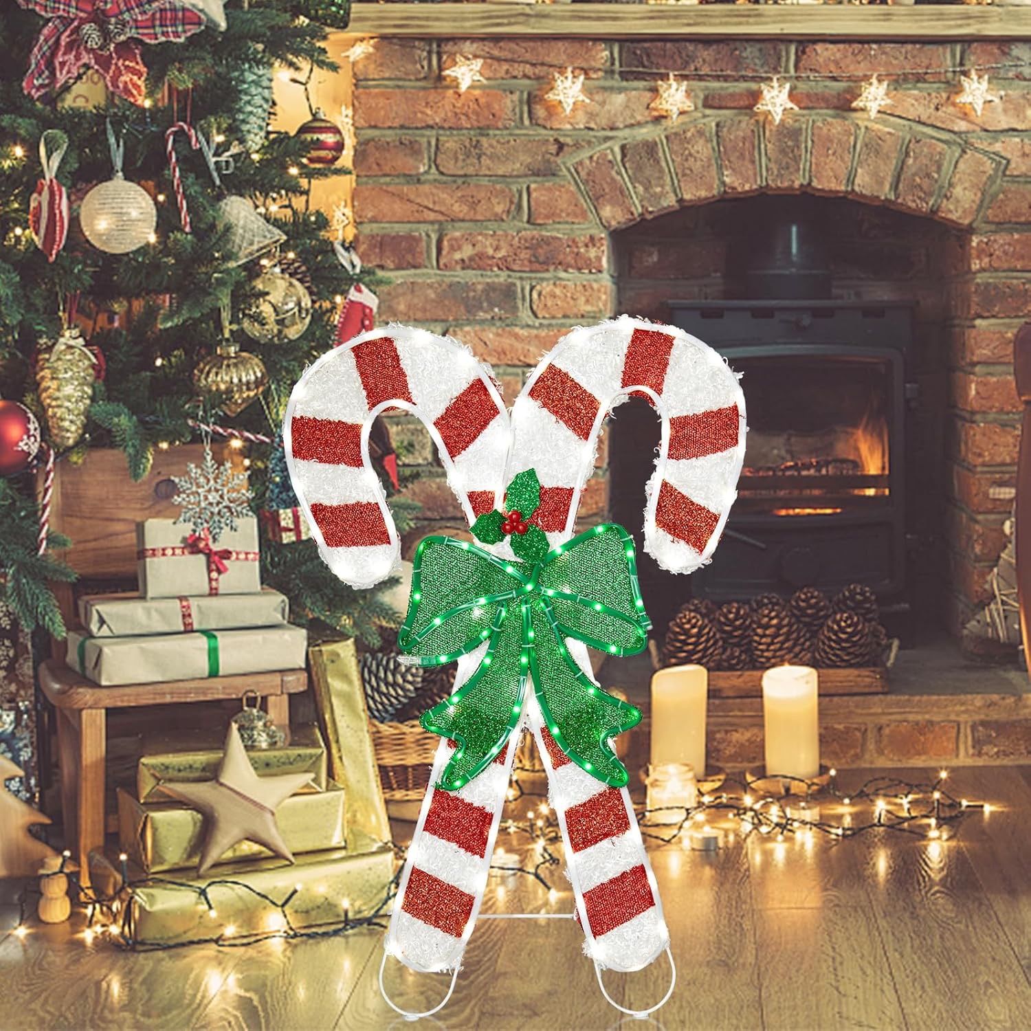 Lighted Christmas Candy Outdoor Decoration 2.6FT Xmas Candy Cane Yard Sign with Stakes for Home Garden Lawn