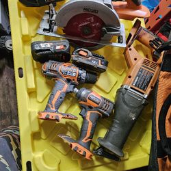 Ridgid Four Piece Set Drill Impact Circular Reciprocating Saw Two Batteries, Bt2,2, No Offers No Trades Price Is Firm