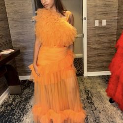 Designer New Orange Tulle Ruffle, Long Party, Special Occasion(SZ 12) New Lot 