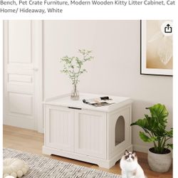 HOME BI Cat Litter Box Enclosure Hidden, Cat Washroom Storage Bench, Pet Crate Furniture, Modern Wooden Kitty Litter Cabinet, Cat Home/ Hideaway, Whit