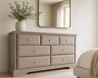 refinished, neutral, beige, seven drawer dresser with modern acrylic and gold hardware