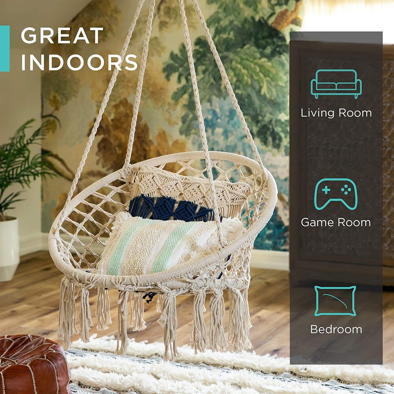 Cotton Handwoven Macrame Hammock Hanging Chair with Backrest, Beige
