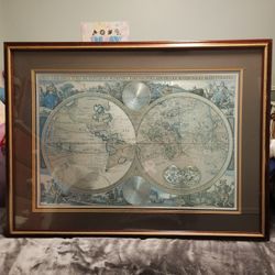 World Map, Beautiful Frame 1657 World Map On Foil, Like New! Orbis terrarum typus de integroin plurimis emendatus, auctus, et icunculis illustratus, 