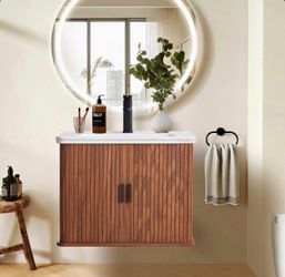 24.13" Wall Mounted Single Bathroom Vanity Set With Sink Top, Faucet And Fluted Design Cabinet