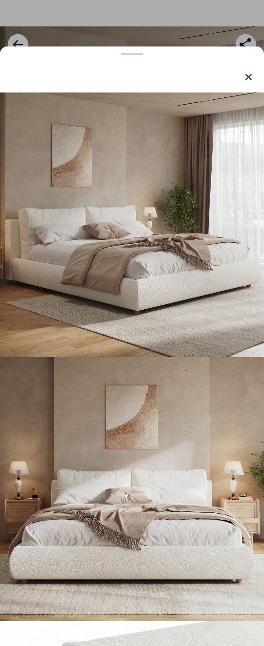 Boucle Fabric Upholstered Platform Bed with Two Removable Pillow Headboard