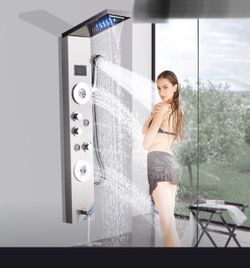 LED Brushed Nickel Shower head combo SPA waterfall rainfall shower head massage jets hand shower tub spout, so easy to install