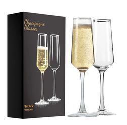 Wedding Modern Clear Glass Champagne Flutes Set of 2 8.5 oz 10 in Tall Decorated